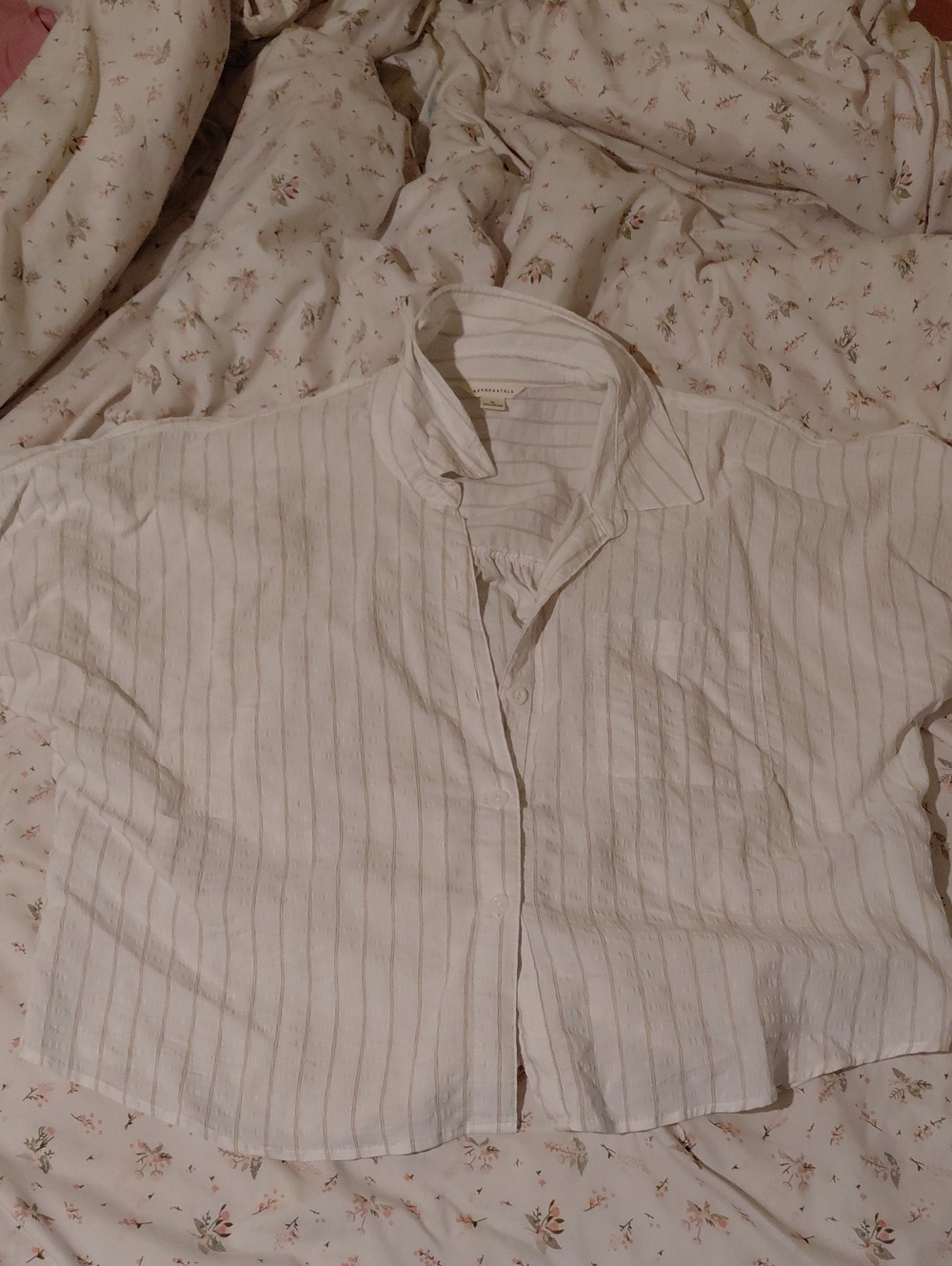 Aeropostale White Button-Down Shirt with Beige Pinstripes